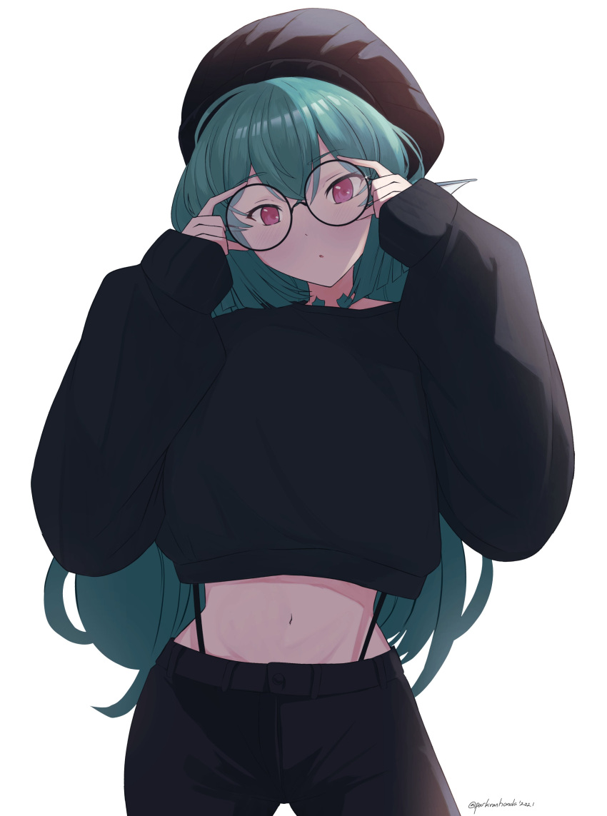 :o, absurdres, alternate_costume, bangs, beret, bespectacled, black_headwear, black_hoodie
