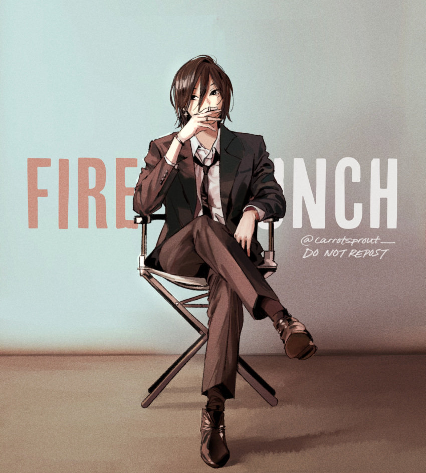 1boy, bangs, black_hair, carrotsprout, copyright_name, cross, cross_earrings, crossed_legs