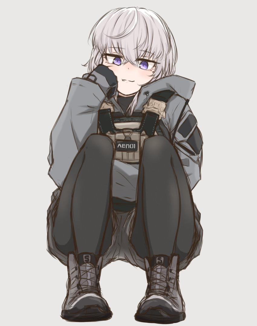 1girl, black_gloves, black_legwear, borrowed_character, cake506, fang, full_body, gloves