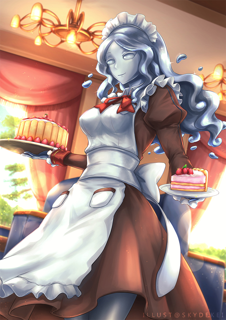 1girl, apron, artist_name, bangs, breasts, cake, closed_mouth, colored_skin, commentary, commission, fate/grand_order, fate_(series), food, forehead, golem, grey_eyes, grey_hair, grey_skin, grey_slime, holding, holding_plate, indoors, juliet_sleeves, large_breasts, long_hair, long_sleeves, looking_away, lord_el-melloi_ii_case_files, maid, maid_apron, maid_headdress, mercury_(element), metal_skin, monster_girl, parted_bangs, plate, puffy_sleeves, red_ribbon, ribbon, sash, skyde_kei, slime_girl, smile, solo, standing, trimmau_(fate), volumen_hydragyrum_(fate)