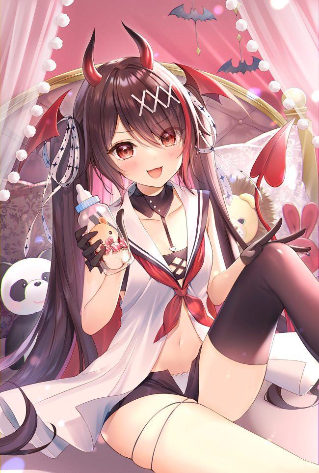 1girl, :d, baby_bottle, bangs, bare_shoulders, black_gloves, black_hair, black_legwear