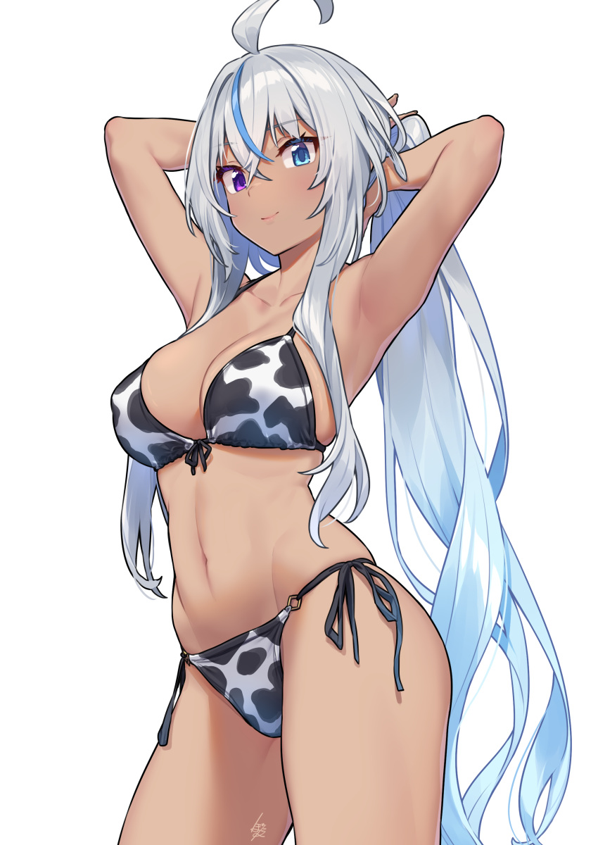 1girl, absurdres, ahoge, animal_print, armpits, arms_behind_head, baffu, bikini