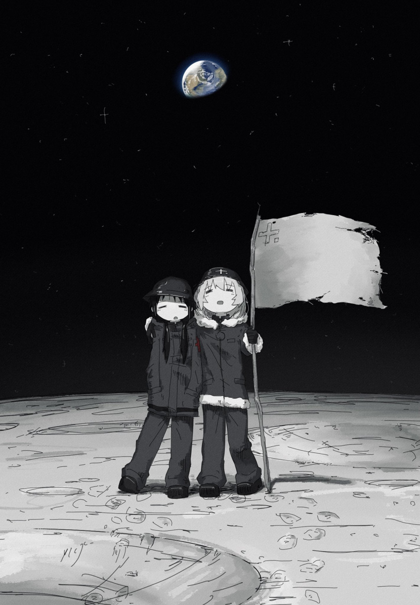 2girls, chito_(shoujo_shuumatsu_ryokou), closed_eyes, coat, earth_(planet), facing_viewer, flag, gloves