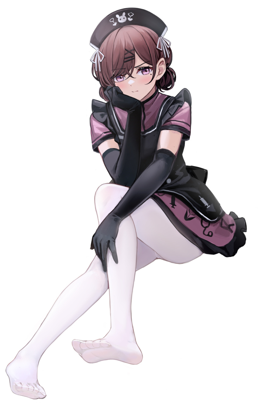 1girl, absurdres, apron, bangs, black_apron, black_gloves, black_headwear, blush