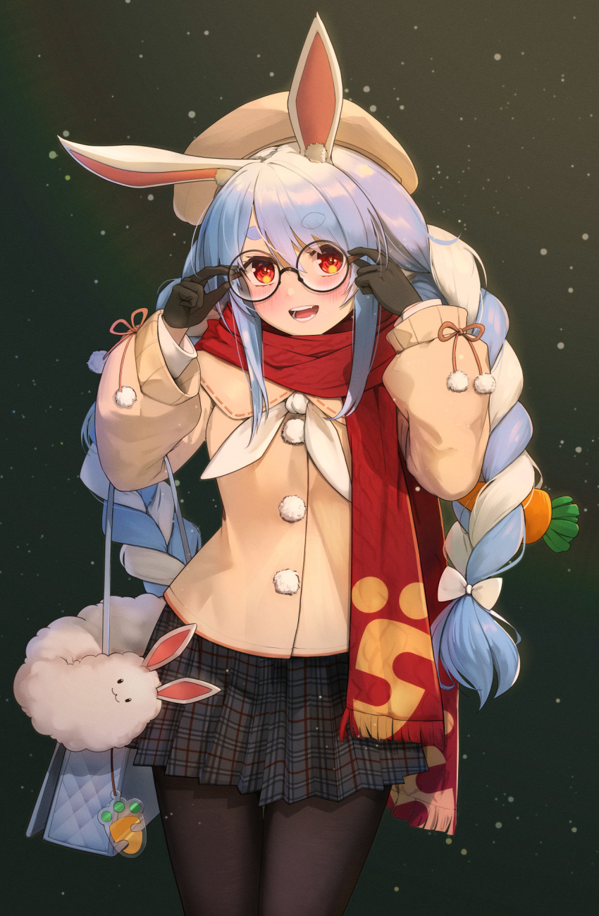 1girl, :d, alternate_costume, animal_ear_fluff, animal_ears, bag, bangs, beige_headwear