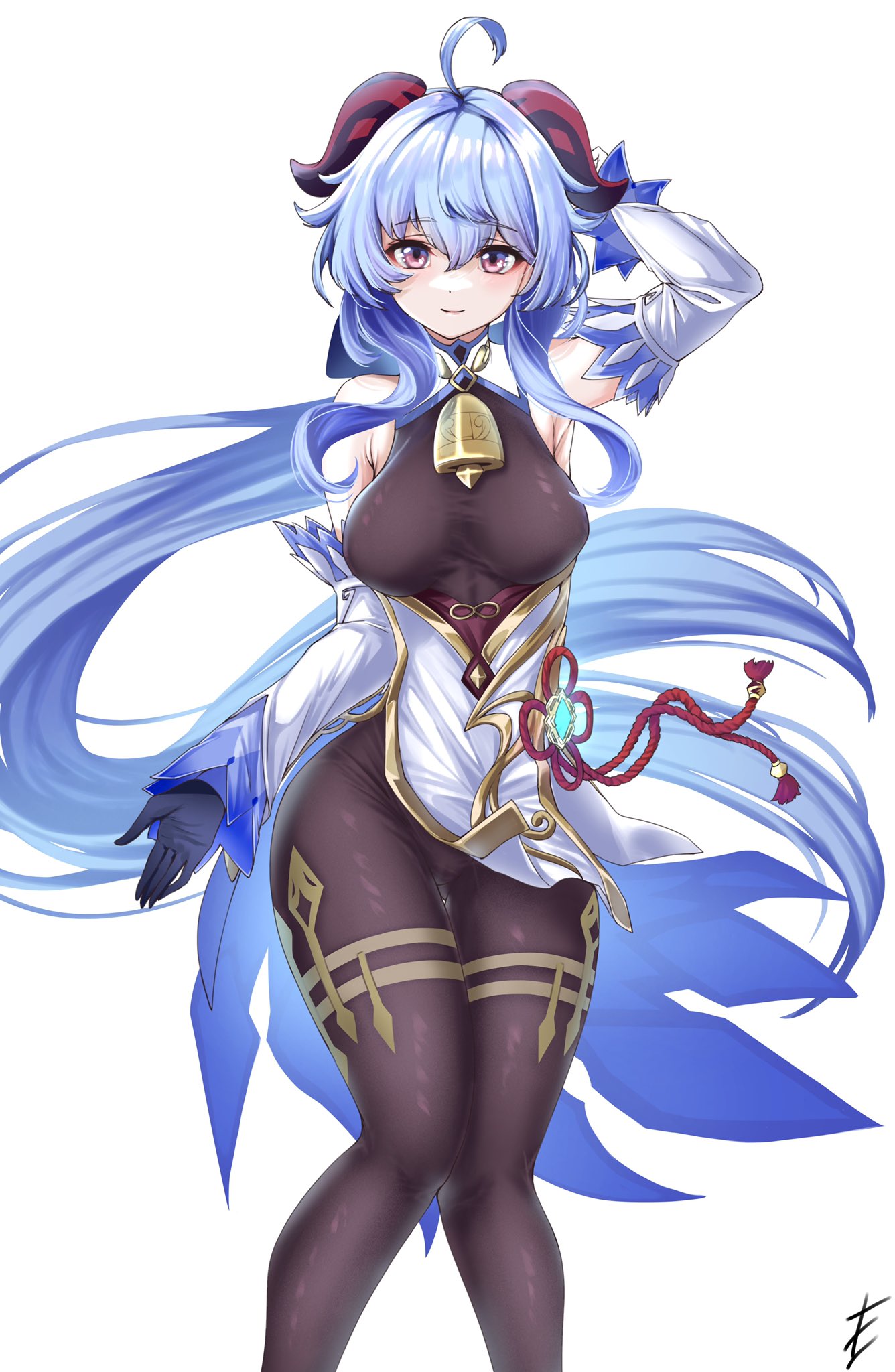 ahoge, arm_up, armpits, ass_visible_through_thighs, bangs, bare_shoulders, bell, black_gloves