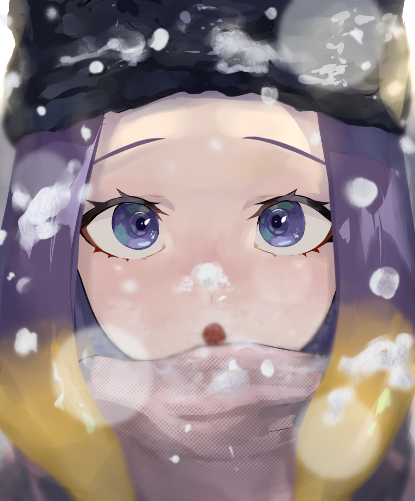 1girl, absurdres, azura_(azuart0), close-up, face, highres, hololive, hololive_english, ninomae_ina'nis, open_mouth, purple_hair, scarf, snow, snow_on_head, snow_on_headwear, tentacle_hair, violet_eyes, virtual_youtuber, winter, winter_clothes