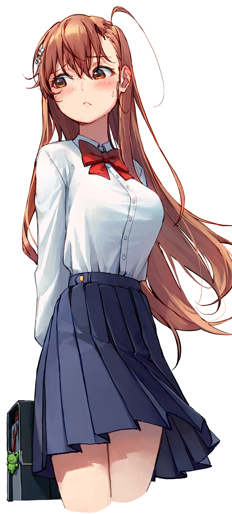 1girl, arms_behind_back, bag, blue_skirt, blush, bow, bowtie, briefcase