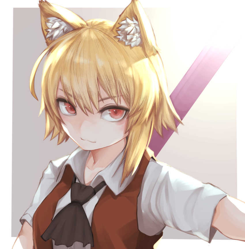 1girl, animal_ear_fluff, animal_ears, ascot, asymmetrical_hair, bangs, black_ascot, blonde_hair, border, brown_background, brown_vest, closed_mouth, collared_shirt, commentary_request, cookie_(touhou), fox_ears, fox_girl, highres, holding, holding_staff, looking_at_viewer, medium_hair, miramikaru_riran, okasan01, outside_border, red_eyes, shirt, short_sleeves, sidelocks, smile, solo, staff, upper_body, vest, white_border, white_shirt