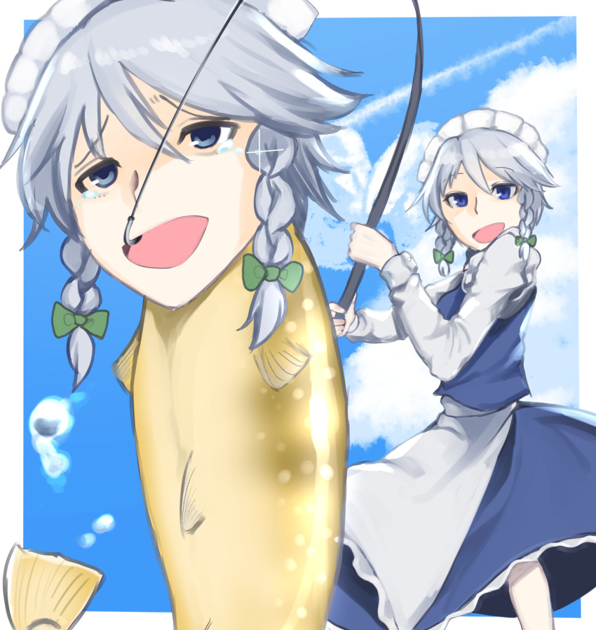 1girl, :d, apron, bangs, blue_eyes, blue_skirt, blue_sky, blue_vest
