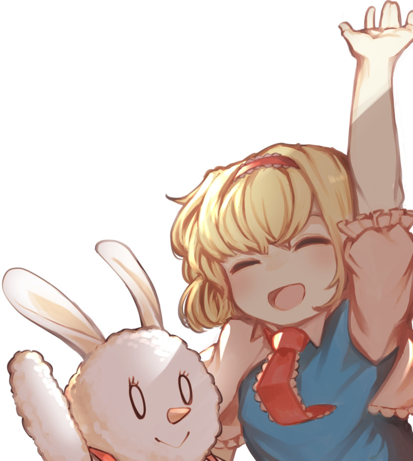 :>, :d, alice_margatroid, arm_up, bangs, blonde_hair, blue_dress, blush