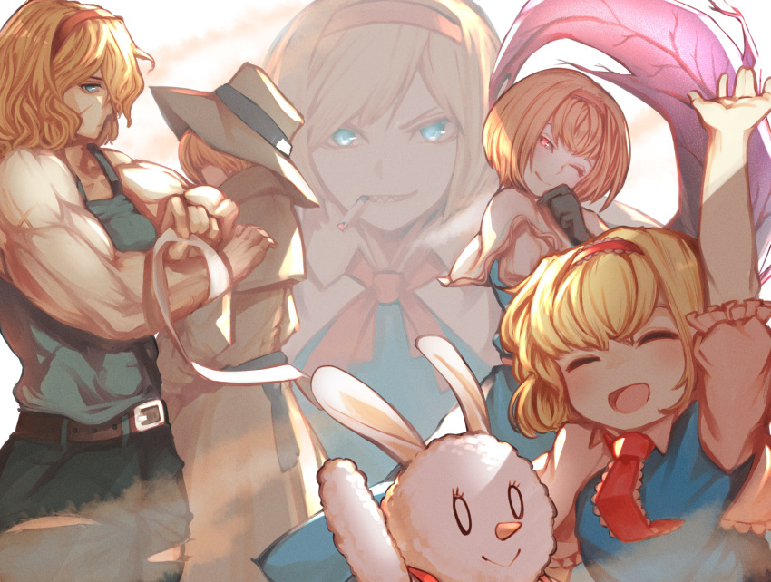 5girls, :>, :d, alice_margatroid, arm_up, bangs, belt, blonde_hair
