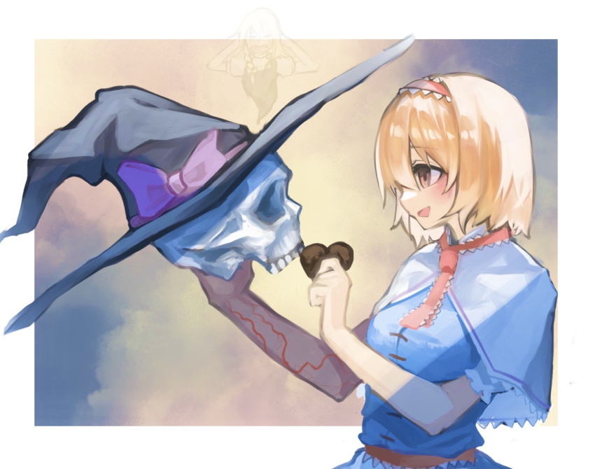 1girl, alice_margatroid, bangs, black_headwear, blonde_hair, blue_dress, blush, border