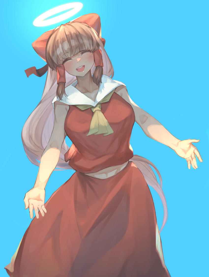 1girl, absurdres, ascot, bangs, blue_background, blunt_bangs, blush, breasts