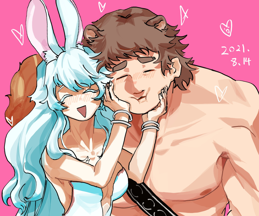 1boy, 1girl, ^_^, absurdres, animal_ears, areolae, artemis_(fate), bangs, bare_pectorals, bear_ears, blush, breasts, cheek_bulge, closed_eyes, fate/grand_order, fate_(series), hand_on_another's_cheek, hand_on_another's_face, hetero, highres, large_pectorals, medium_breasts, muscular, muscular_male, pectorals, rabbit_ears, shigangtang_(hardcandy_l), short_hair, sideburns, single_bare_shoulder, super_orion_(fate), sweatdrop, thick_eyebrows, upper_body