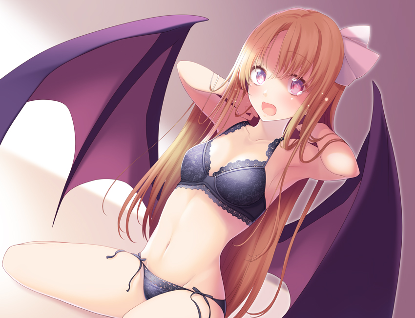 1girl, alternate_eye_color, armpits, arms_behind_head, arms_up, bangs, bat_wings, black_bra