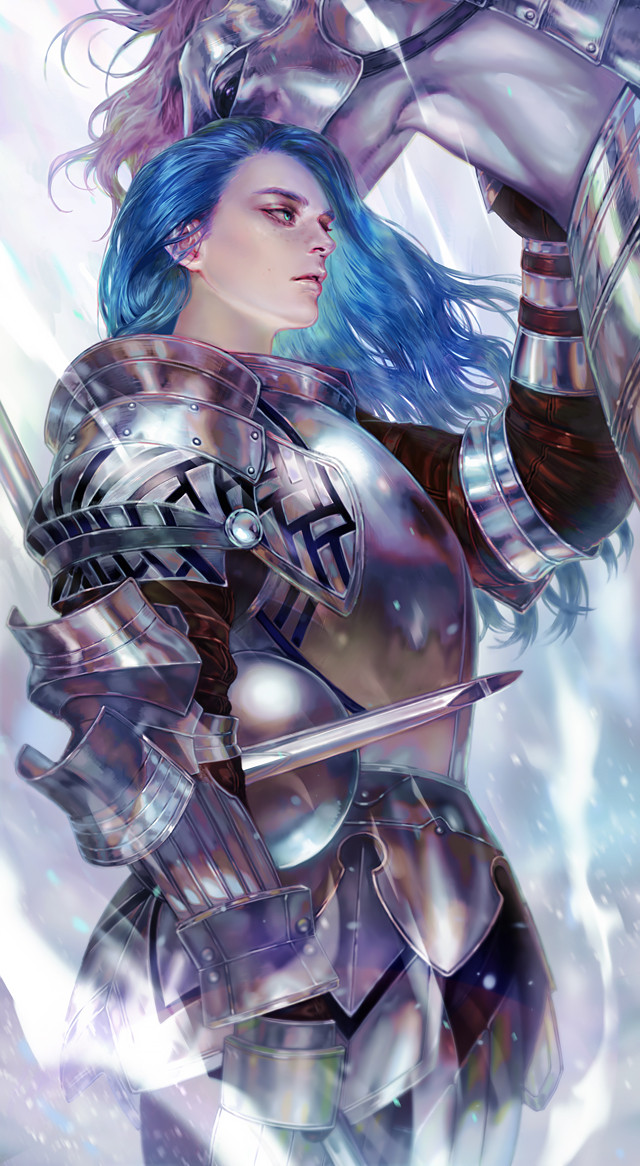 1boy, alle_page, animal, armor, armored_animal, blue_eyes, blue_hair, carrying