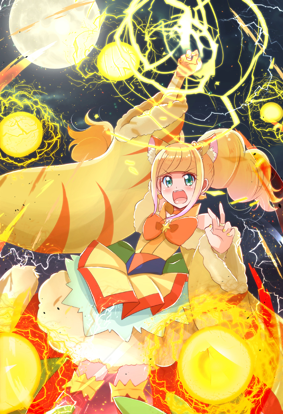 1girl, angry, animal_ears, arm_up, blonde_hair, bow, brooch, brown_legwear