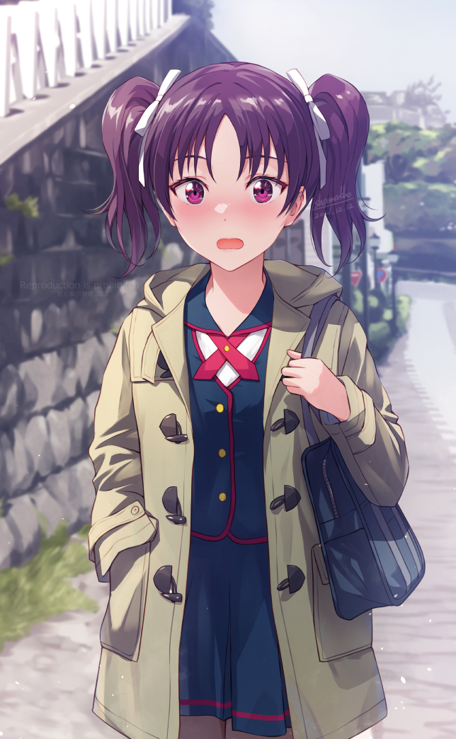 1girl, bag, blush, coat, commentary, cowboy_shot, dated, hair_ribbon