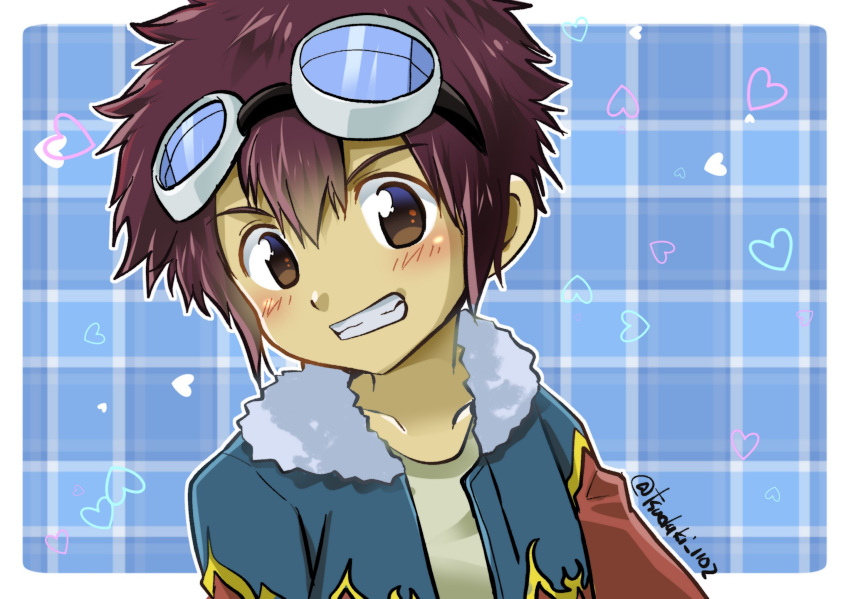 blue_background, brown_eyes, brown_hair, close-up, cokotaroh1102, commentary_request, digimon, eyebrows_visible_through_hair