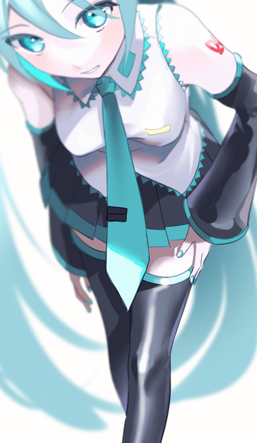 1girl, absurdres, bangs, black_footwear, black_skirt, black_sleeves, blue_eyes, blue_hair, blue_nails, blue_necktie, boots, breasts, collared_shirt, detached_sleeves, floating_hair, gouya_daifuku, hair_between_eyes, hatsune_miku, highres, leaning_forward, long_hair, long_sleeves, looking_at_viewer, medium_breasts, miniskirt, nail_polish, necktie, parted_lips, pleated_skirt, shiny, shiny_footwear, shiny_hair, shirt, skirt, sleeveless, sleeveless_shirt, solo, standing, thigh-highs, thigh_boots, twintails, very_long_hair, vocaloid, white_shirt, wing_collar, zettai_ryouiki