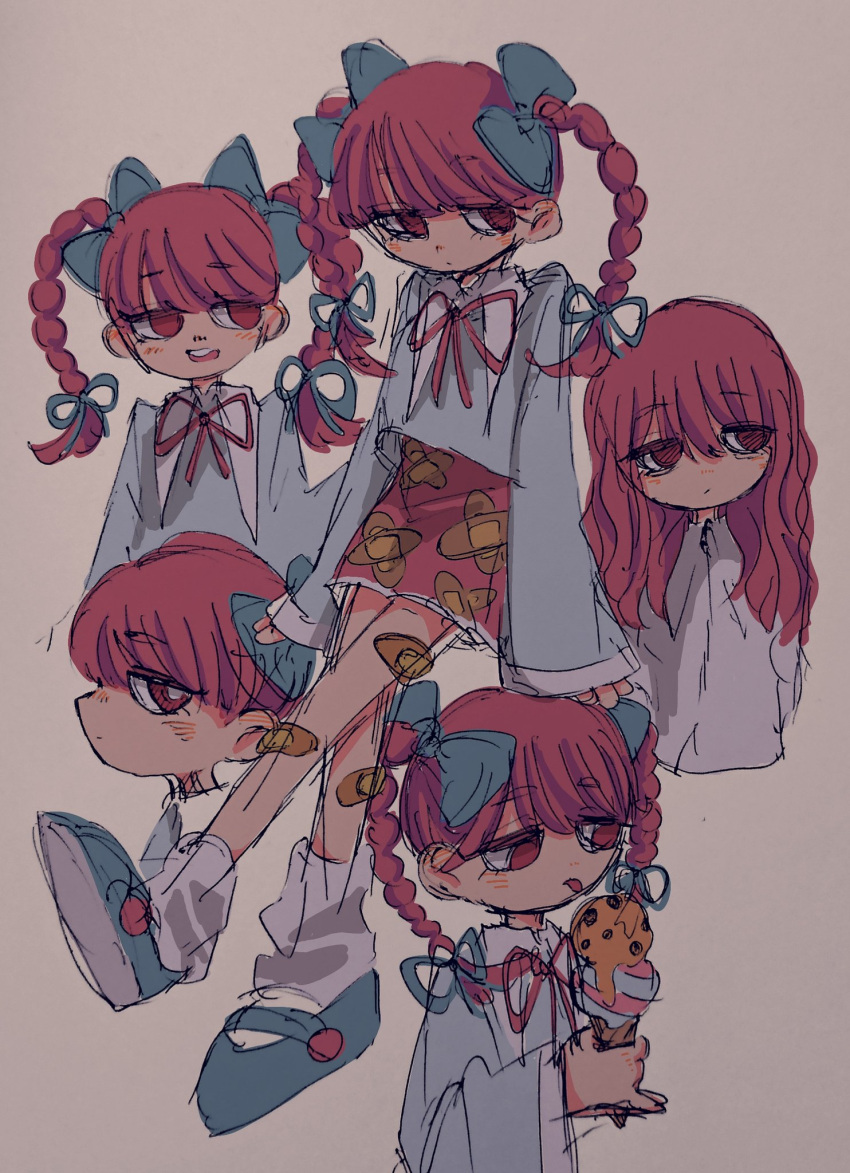 1girl, aqua_bow, aqua_footwear, bandaid, bandaid_on_leg, bandaid_print, bow, braid, double_scoop, eyebrows_visible_through_hair, food, grey_background, grey_shirt, hair_bow, highres, ice_cream, ice_cream_cone, long_hair, long_sleeves, multiple_views, original, print_skirt, red_eyes, red_skirt, sakura_szm, shirt, shoes, simple_background, skirt, sleeves_past_wrists, tongue, tongue_out, twin_braids, wide_sleeves