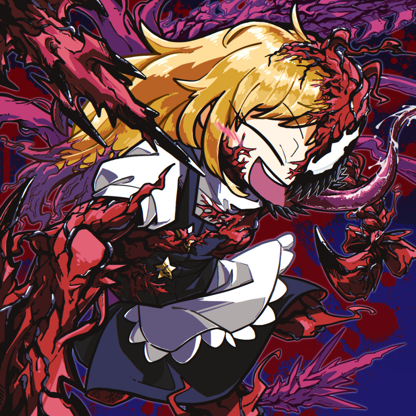 1girl, amerika_zarigani, apron, bangs, black_skirt, black_vest, blonde_hair, carnage_(marvel)