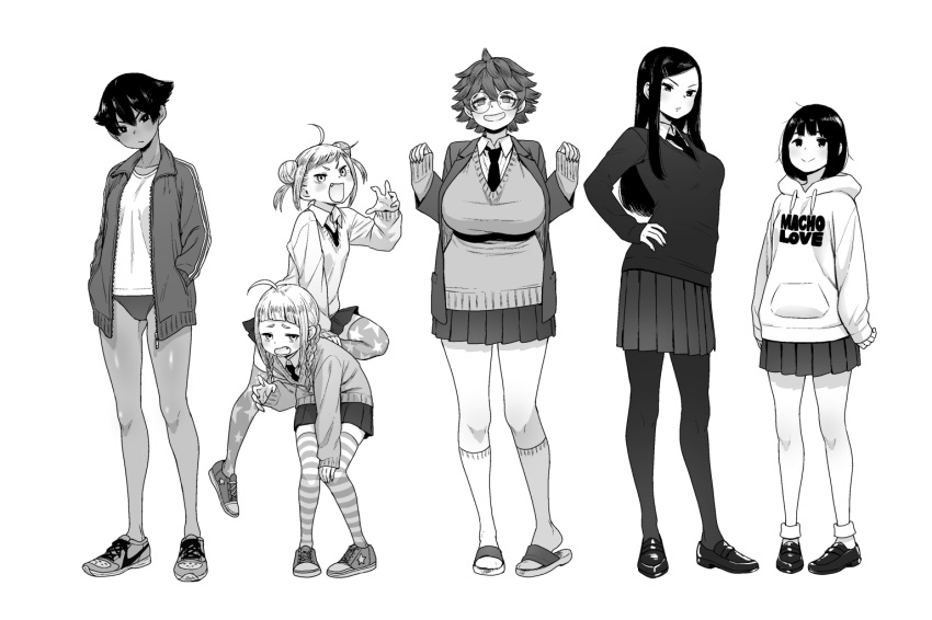 6+girls, :d, ahoge, blazer, blush, braid, breasts, dark-skinned_female