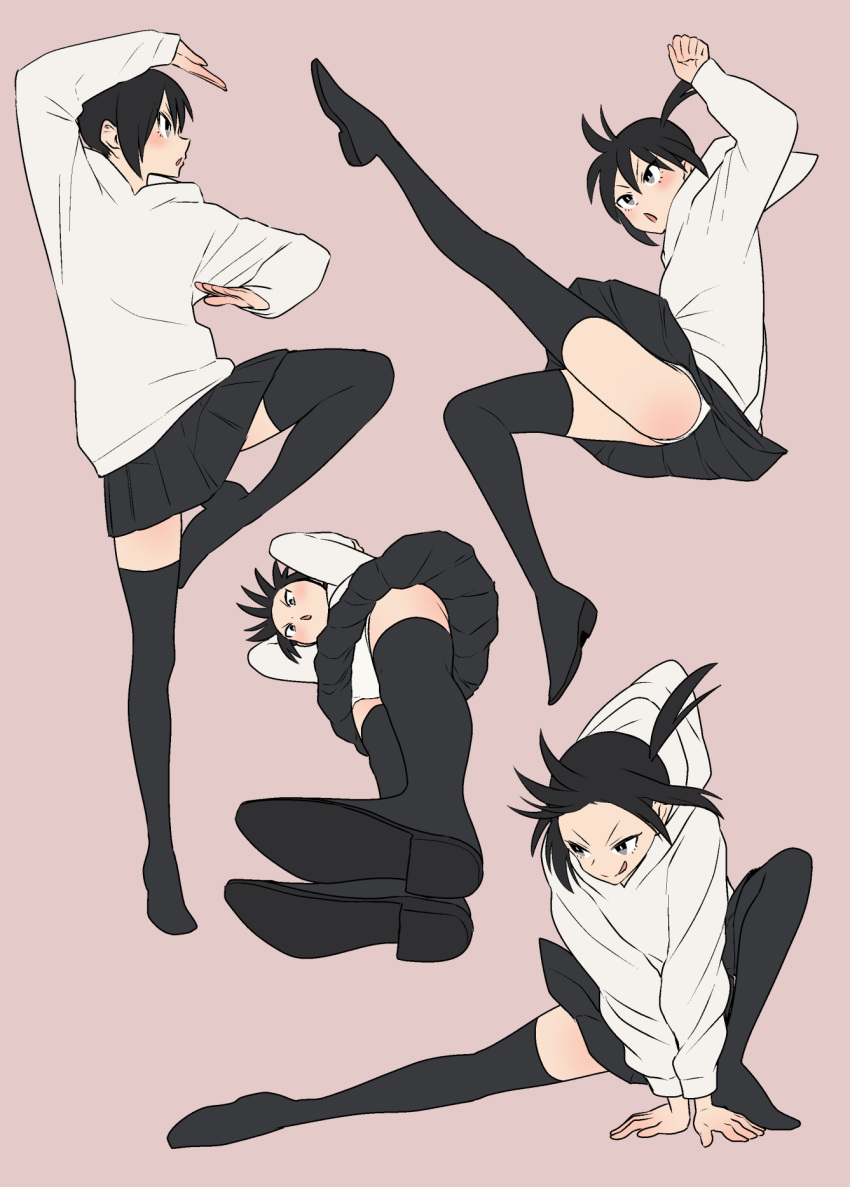 1girl, :q, ass, black_eyes, black_hair, black_legwear, fumitan_(humitan), highres