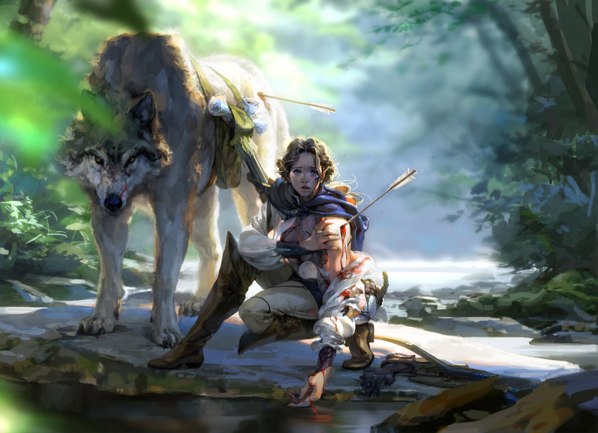 1girl, animal, arrow_in_body, backlighting, bare_shoulders, blood, blood_on_clothes, blood_on_face