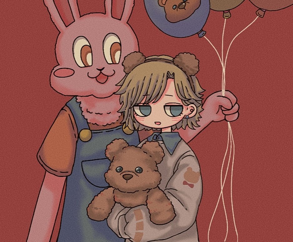 1girl, 1other, balloon, black_shirt, blue_eyes, bright_pupils, brown_hair, collared_shirt