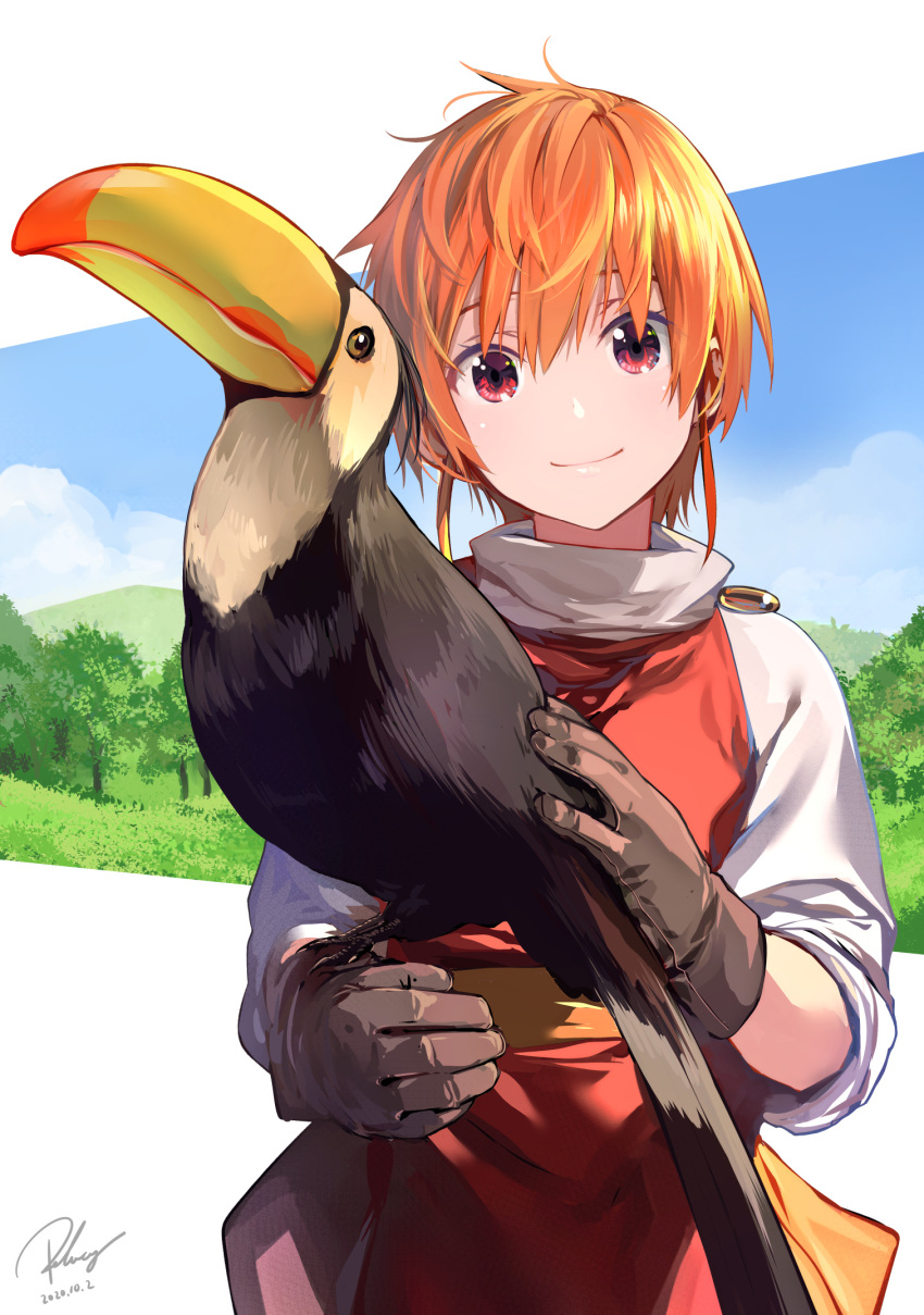 1girl, bird, blue_sky, brown_gloves, brown_hair, clouds, commentary, dated, gloves, highres, joy_(monster_farm), looking_at_viewer, monster_farm, outdoors, re_lucy, red_eyes, sash, signature, sky, smile, toucan, tree