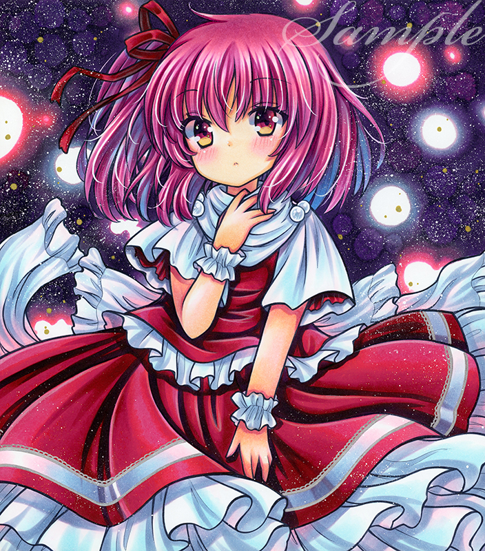 1girl, back_bow, bangs, blush, bow, cowboy_shot, dress, eyebrows_visible_through_hair, frilled_bow, frilled_cuffs, frilled_dress, frills, hair_between_eyes, hair_ribbon, hand_on_own_neck, hand_up, looking_at_viewer, marker_(medium), medium_hair, pink_hair, red_dress, red_eyes, red_ribbon, ribbon, rui_(sugar3), sample, sara_(touhou), shikishi, short_sleeves, side_ponytail, solo, space, standing, star_(sky), starry_background, touhou, touhou_(pc-98), traditional_media, white_bow, white_sleeves, wrist_cuffs