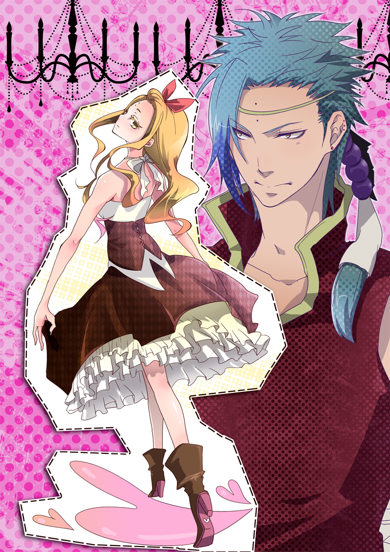 aqua_hair, bad_id, bindi, blonde_hair, blue_hair, boots, bow, chandelier