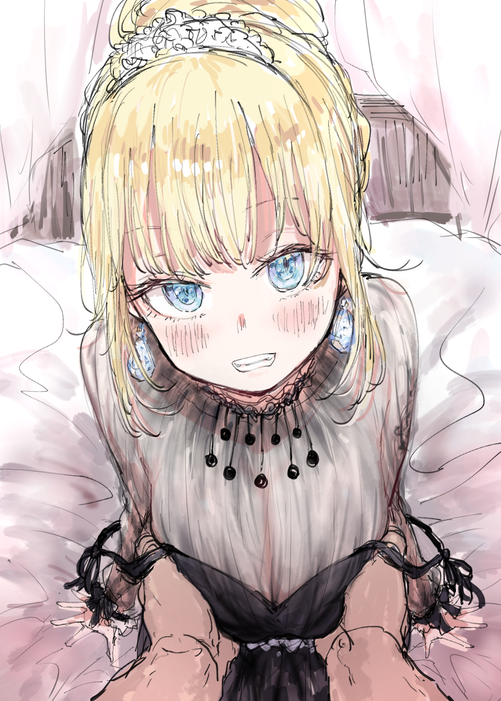 013_(hamsasuke), 1girl, arm_support, bangs, black_dress, blonde_hair, blue_eyes, blush