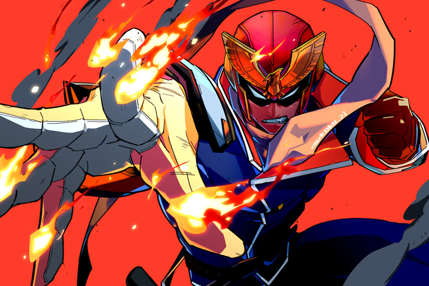 1boy, belt, captain_falcon, clenched_teeth, f-zero, fire, gloves, helmet