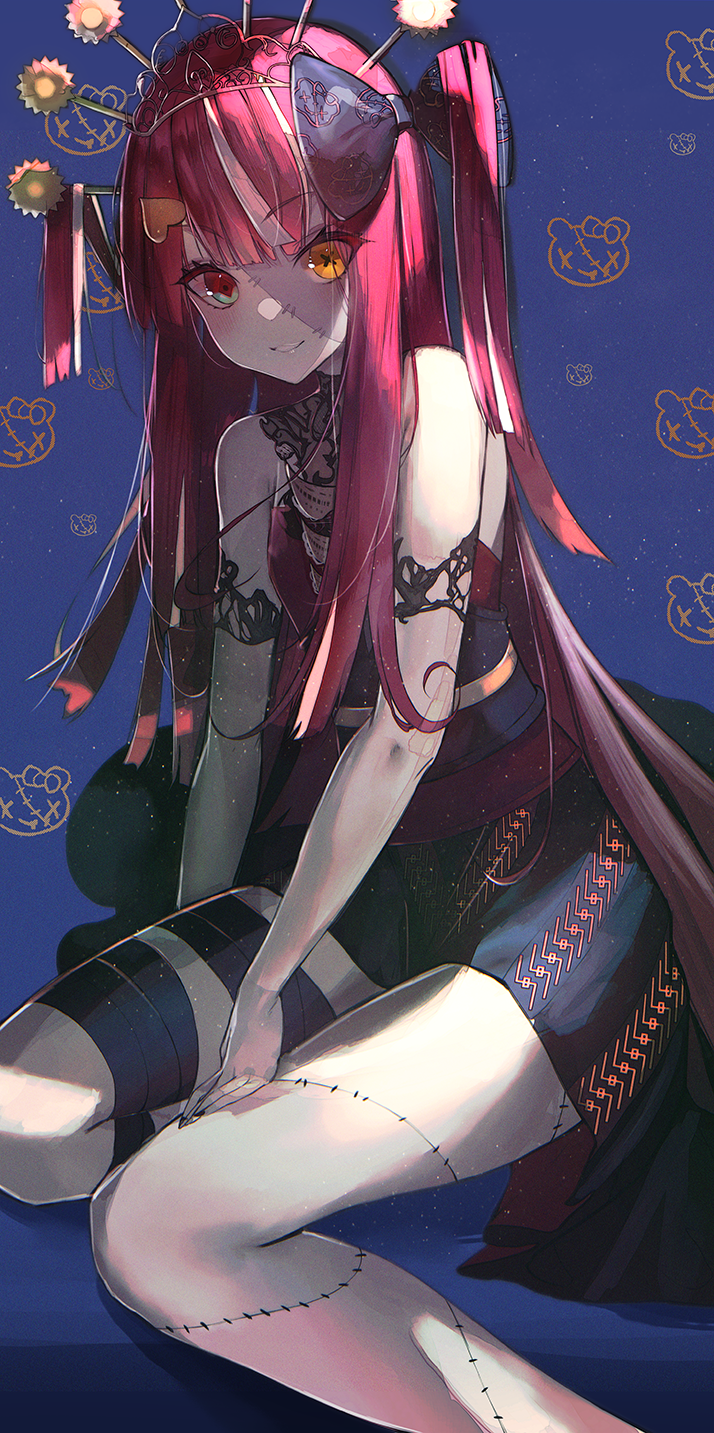 1girl, arm_strap, black_bow, black_nails, black_ribbon, black_skirt, blue_background, blunt_ends