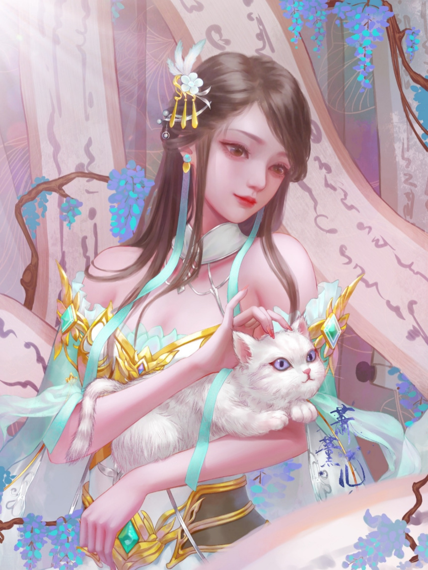 1girl, animal, battle_through_the_heavens, cat, dress, gun_xun_er_(battle_through_the_heavens), hair_ornament, highres