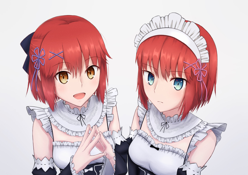 2girls, absurdres, alternate_costume, black_dress, blue_bow, blue_eyes, bow, brown_eyes