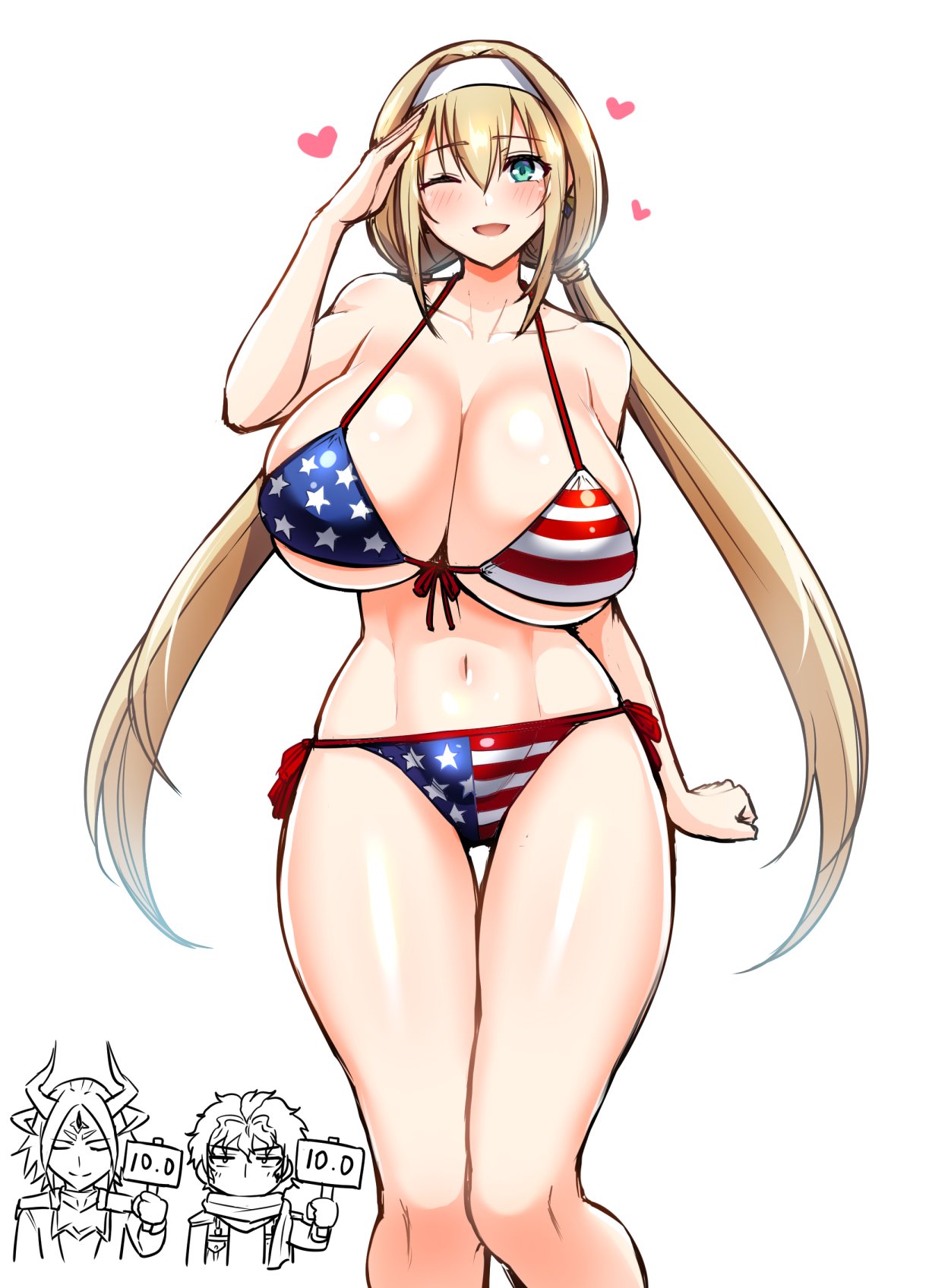 1girl, american_flag, american_flag_bikini, bikini, blonde_hair, breasts, caruleum_vaull, edge_sainklaus