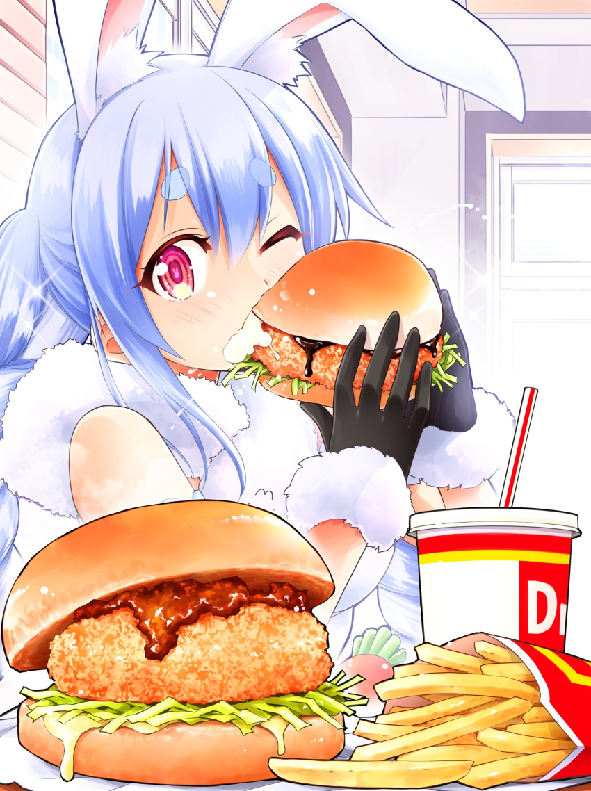 1girl, absurdres, animal_ear_fluff, animal_ears, bangs, black_gloves, blue_hair, blush, burger, commentary_request, cup, disposable_cup, don-chan_(usada_pekora), drinking_straw, eating, eyebrows_visible_through_hair, food, french_fries, gloves, highres, holding, holding_food, hololive, indoors, long_hair, looking_at_viewer, one_eye_closed, ooranokohaku, pink_eyes, rabbit_ears, sandwich, short_eyebrows, sideways_glance, solo, thick_eyebrows, upper_body, usada_pekora, virtual_youtuber