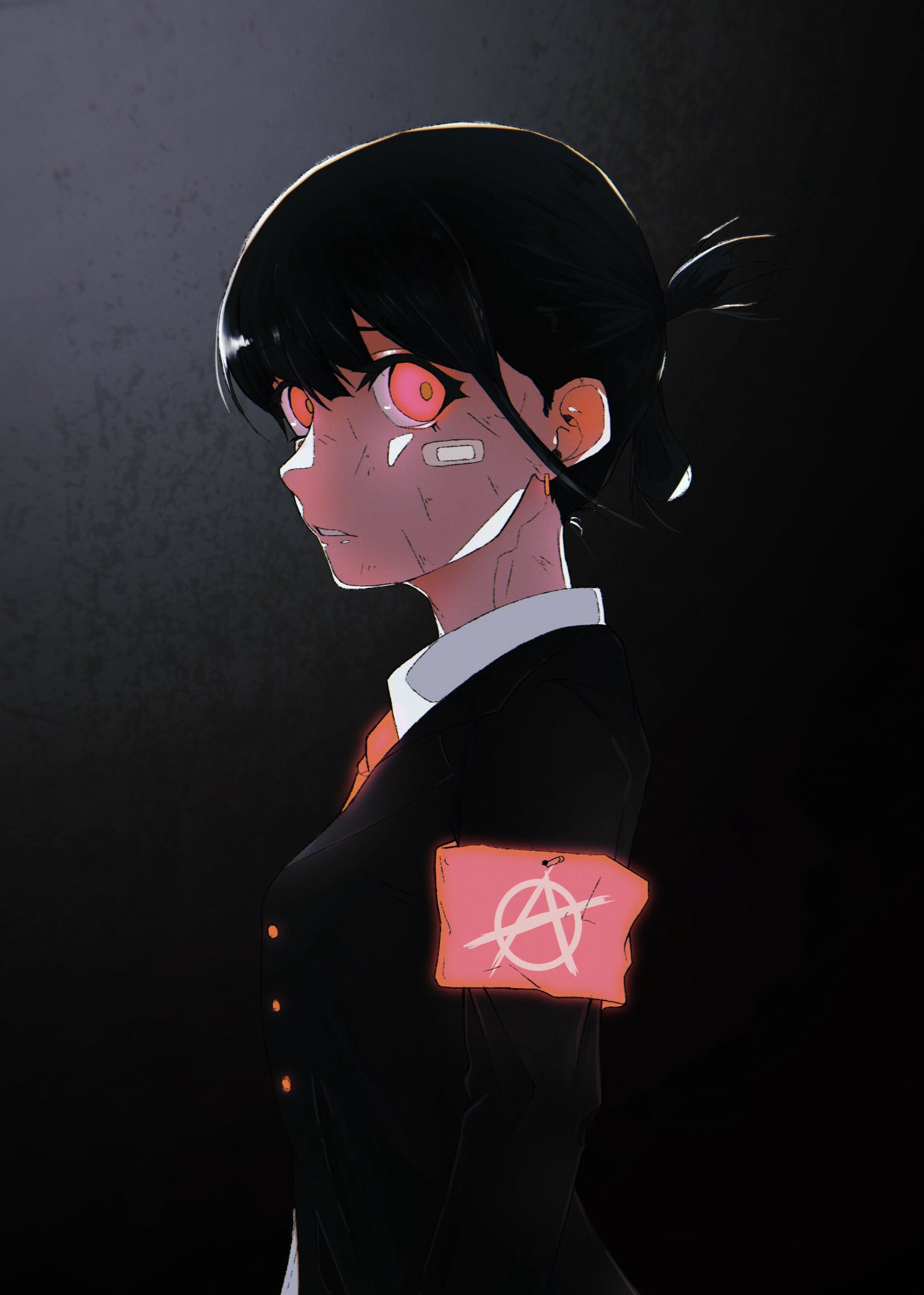 1girl, akahara_(akaharaillust), anarchy_symbol, bandaid, bandaid_on_face, bangs, black_background, black_jacket