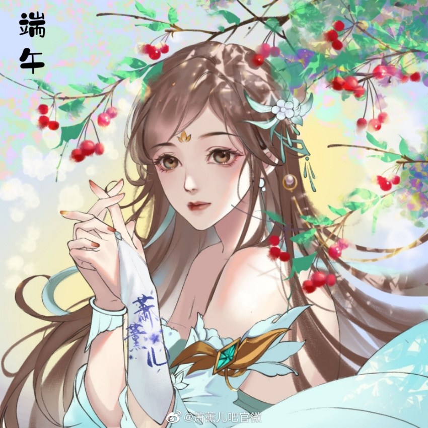 1girl, bare_shoulders, branch, china_dress, chinese_clothes, doupo_cangqiong, dress, from_side