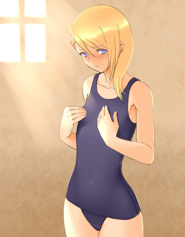 blonde_hair, eshan'tarl, female, final_fantasy, final_fantasy_xi, long_hair, okiku, one-piece_swimsuit, solo, swimsuit