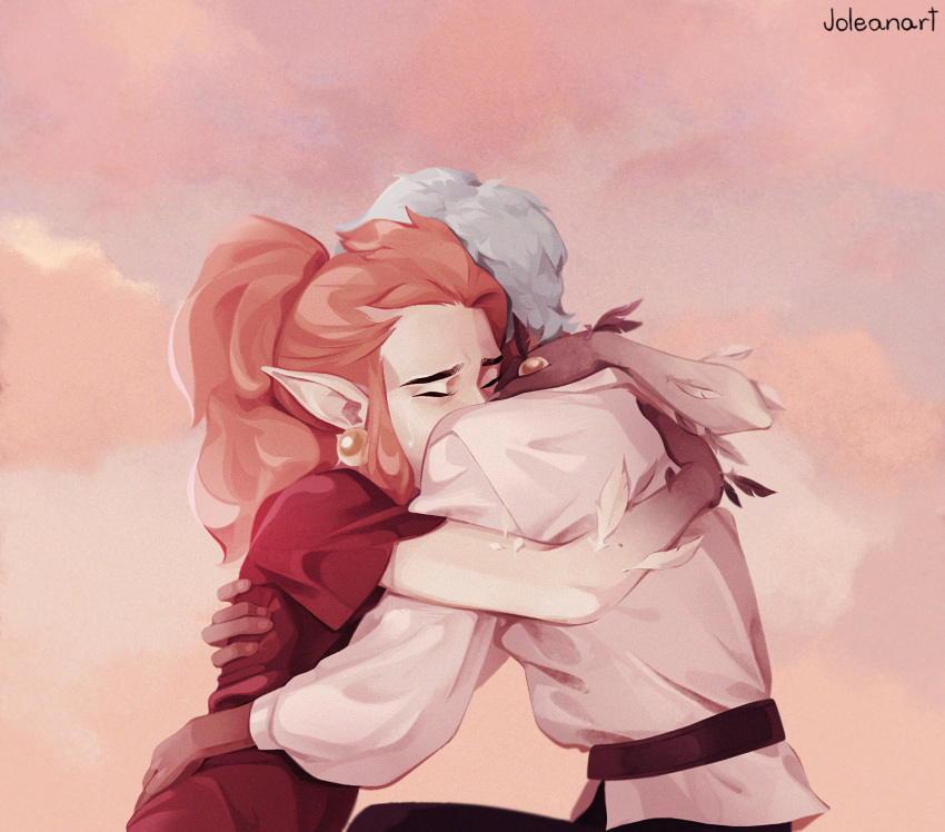 1girl, 1other, closed_eyes, edalyn_clawthorne, feathers, highres, hug, joleanart, long_hair, orange_hair, raine_whispers, red_skirt, short_hair, skirt, the_owl_house