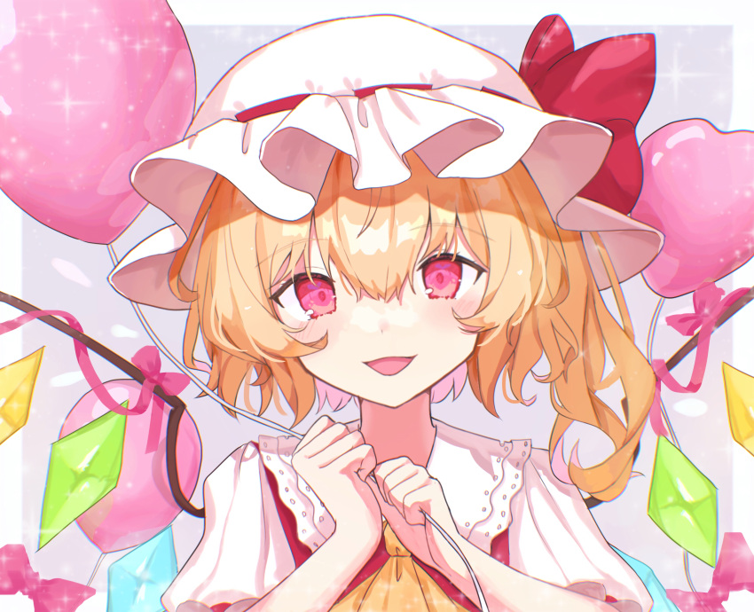 1girl, :d, absurdres, ascot, balloon, blonde_hair, blush, crystal