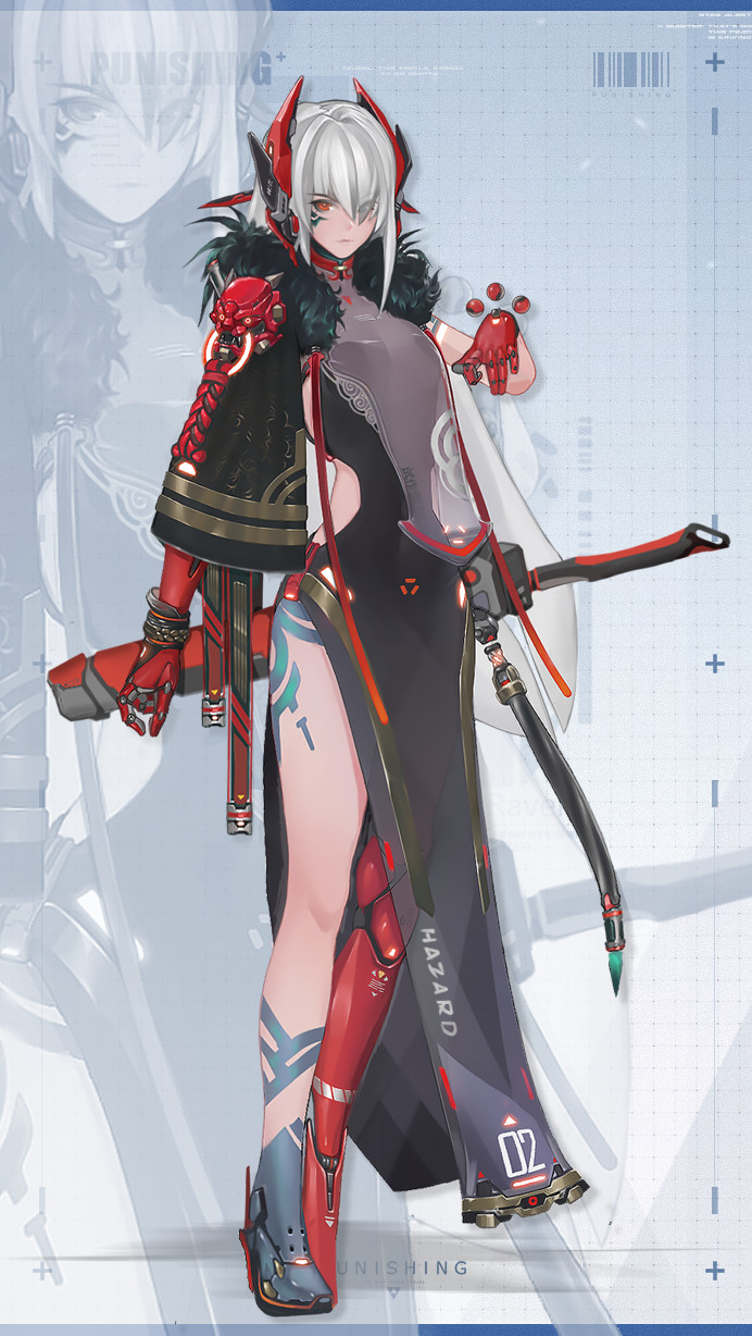 1girl, bangs, character_name, character_profile, character_sheet, chinese_clothes, closed_mouth, concept_art, full_body, fur_collar, gloves, hair_between_eyes, highres, insnow, katana, long_hair, looking_at_viewer, lucia_(punishing:_gray_raven), lucia_s_crimson_abyss, mechanical_arms, mechanical_legs, punishing:_gray_raven, red_eyes, red_gloves, sheath, sheathed, single_mechanical_arm, single_mechanical_leg, solo, sword, weapon, white_background, white_hair