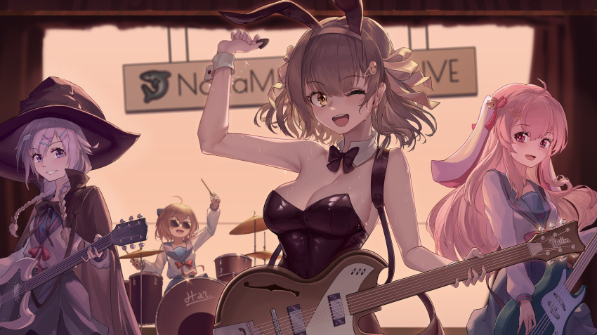 4girls, animal_ears, bangs, blonde_hair, breasts, brown_hair, cosplay, drum