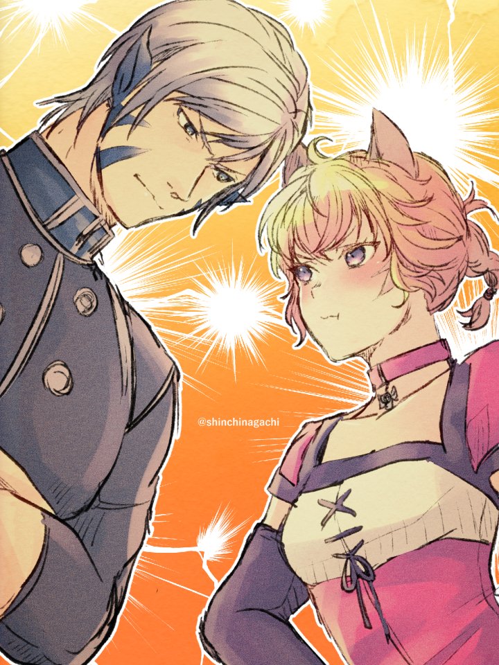 1boy, 1girl, animal_ears, bangs, blonde_hair, breasts, cat_ears, facial_tattoo, fire_emblem, fire_emblem:_radiant_dawn, grey_eyes, grey_hair, kyza_(fire_emblem), looking_at_another, lyre_(fire_emblem), medium_breasts, nishimura_(nianiamu), tattoo, upper_body, violet_eyes