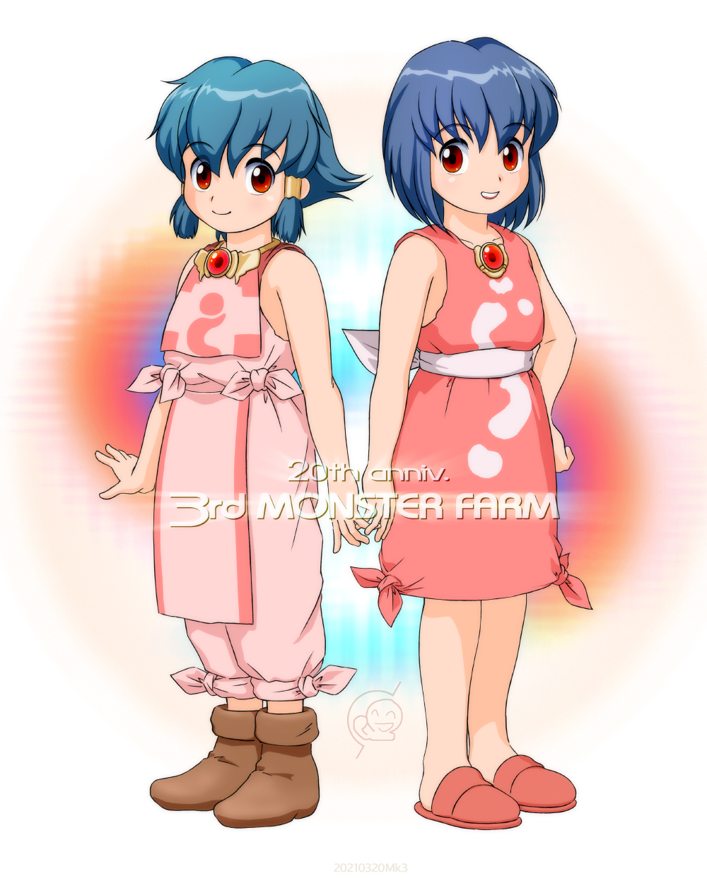 1990s_(style), 2021, 2girls, anniversary, bangs, blue_hair, brown_footwear, closed_mouth, collarbone, dated, dress, eyebrows_visible_through_hair, eyes_visible_through_hair, fleria, hair_between_eyes, hair_tubes, harerua, highres, monster_farm, multiple_girls, open_mouth, pants, pink_dress, pink_footwear, pink_pants, pipoo, red_eyes, retro_artstyle, sash, short_hair, slippers, smile, standing, teeth, white_sash